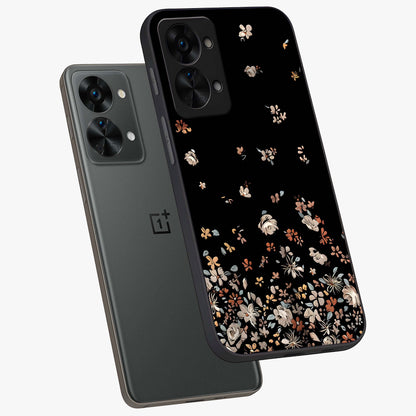 Dark Petal Aesthetic Glass Case for 1+Nord 2T angled mockup showcasing glossy finish and dramatic petal detailing