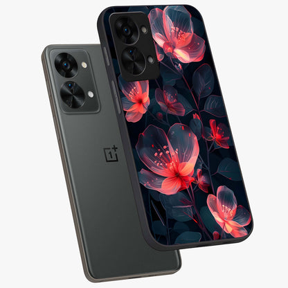 Dark Shade of Flower Glass Case for 1+Nord 2T angled mockup showcasing glossy finish and bold contrast detailing