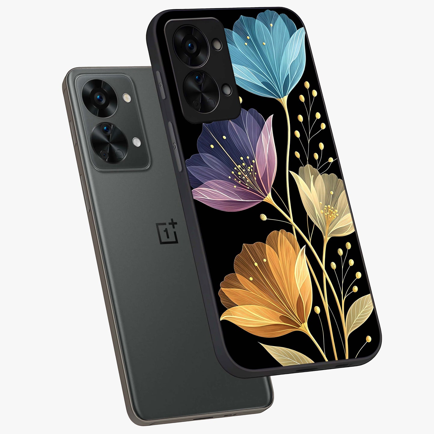 Delicate Multicolor Flowers Glass Case for 1+Nord 2T angled mockup showcasing glossy finish and pastel bloom detailing