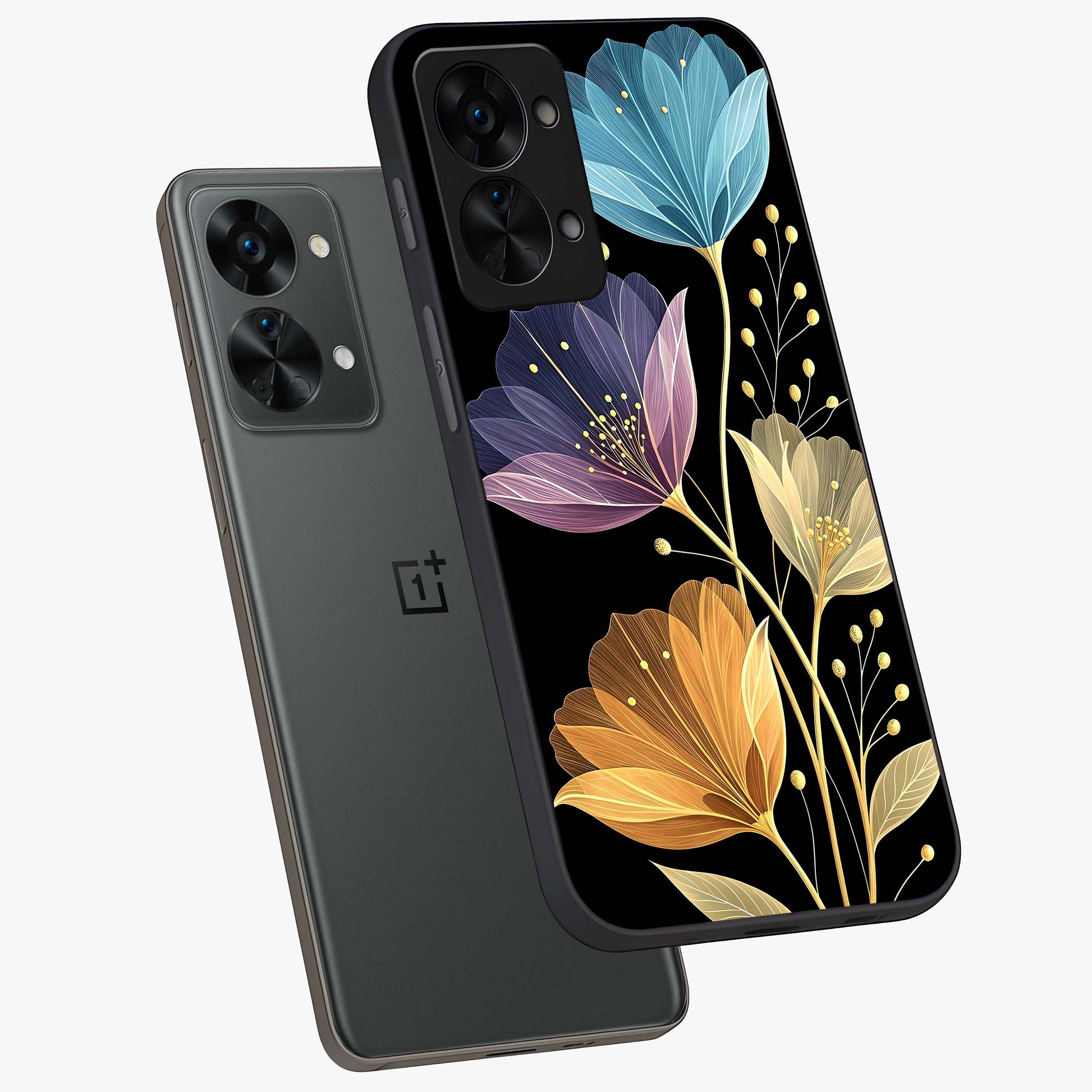 Delicate Multicolor Flowers Glass Case for 1+Nord 2T angled mockup showcasing glossy finish and pastel bloom detailing