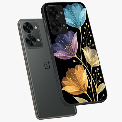 Delicate Multicolor Flowers Glass Case for 1+Nord 2T angled mockup showcasing glossy finish and pastel bloom detailing