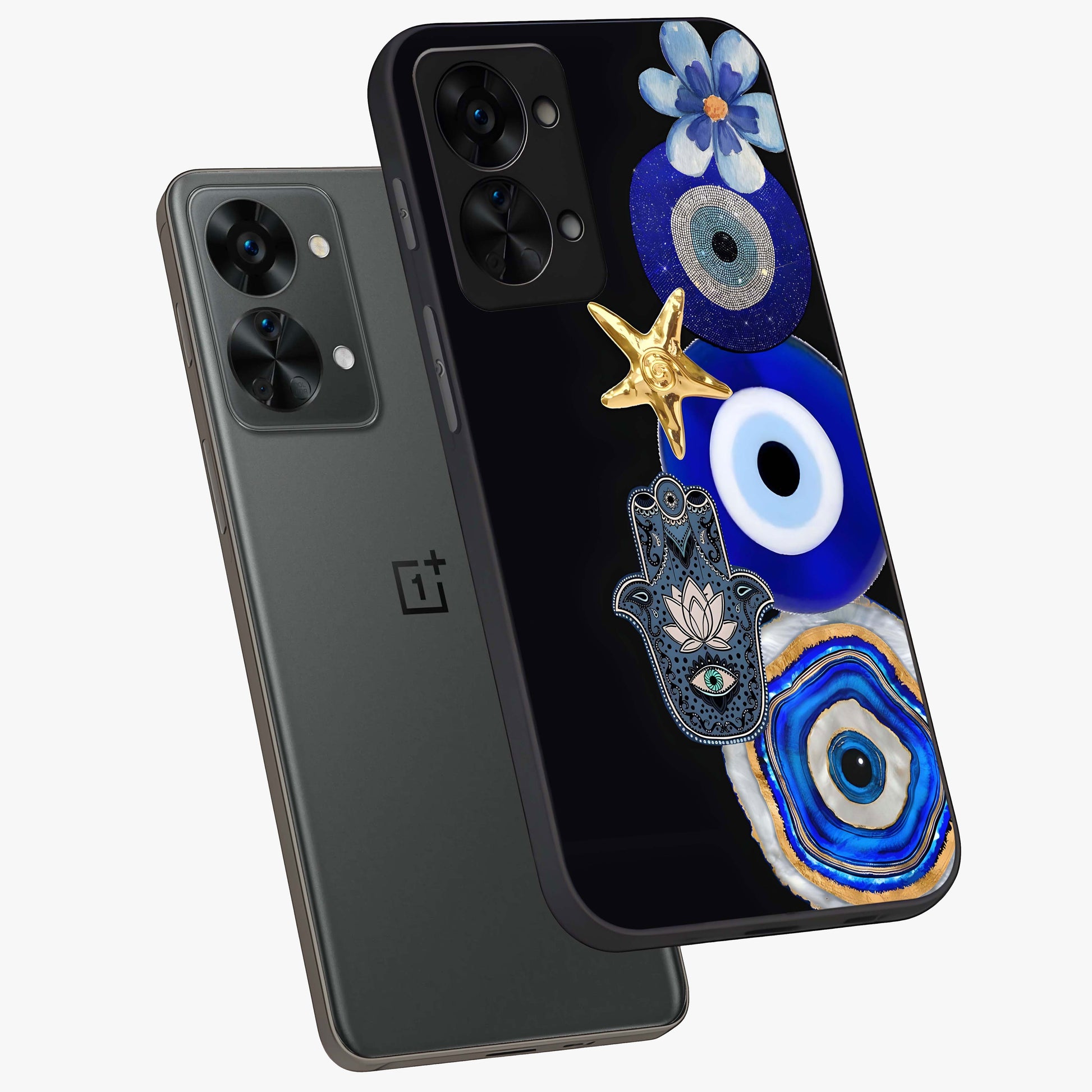 Divine Eye Bloom Glass Case for 1+Nord 2T angled mockup showcasing glossy finish and vibrant protective detailing