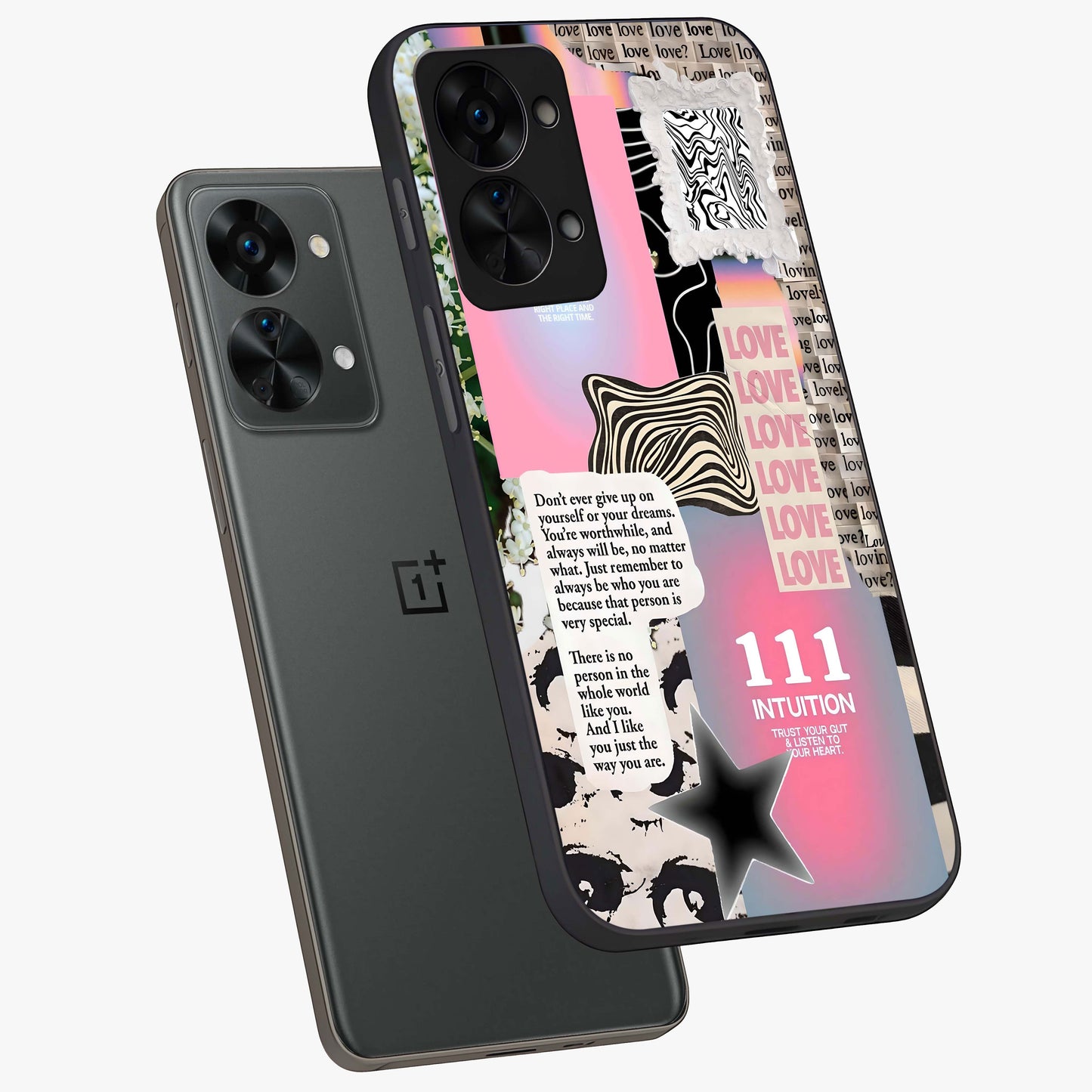 Divine Love Vibes Glass Case for 1+Nord 2T angled mockup showcasing glossy finish and warm aesthetic tones