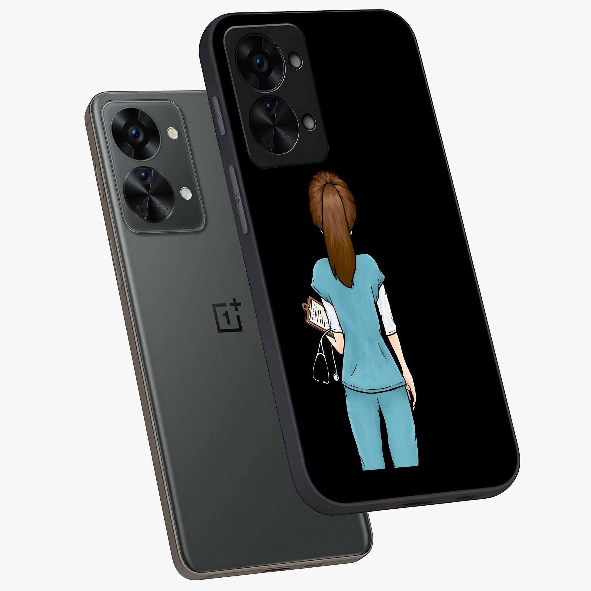Doctor Pattern Custom Name Glass Case for 1+Nord 2T angled mockup showcasing glossy finish and detailed pattern elements