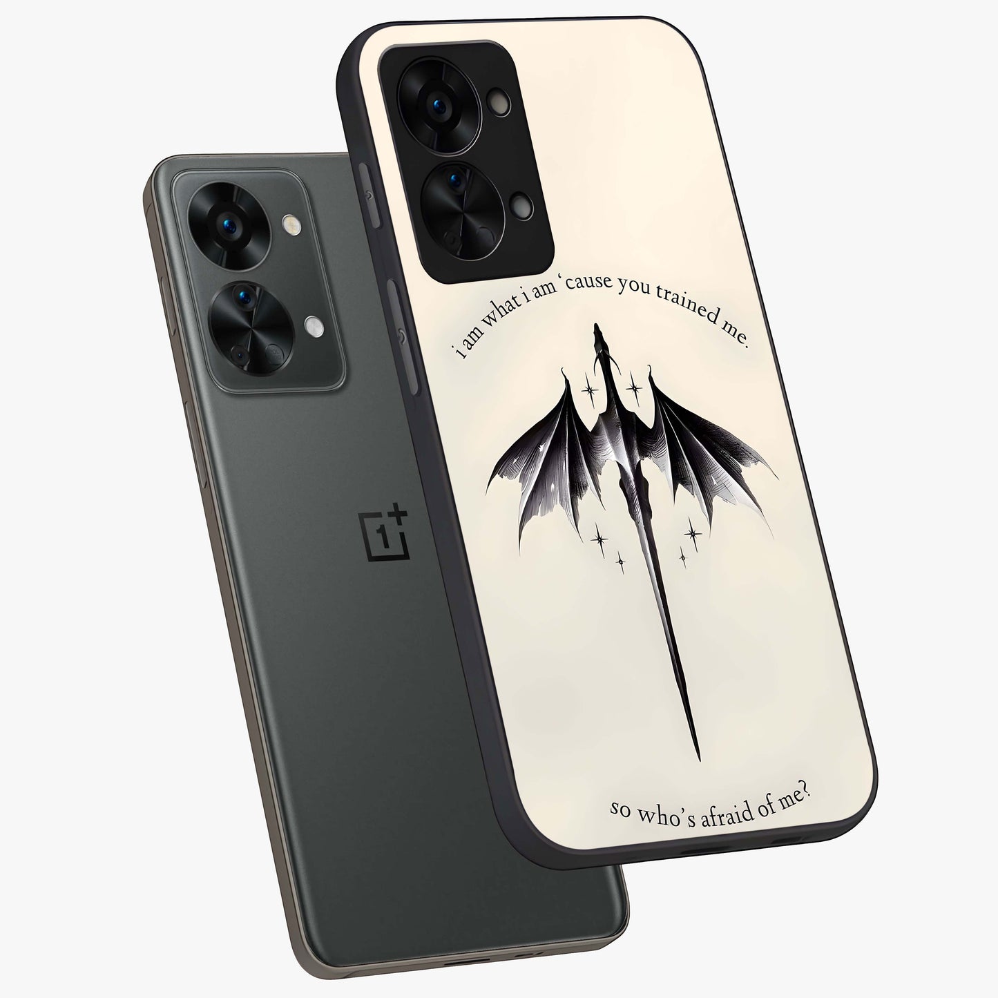 Dragon Quote Art Glass Case for 1+Nord 2T angled mockup showcasing glossy finish and powerful fantasy detailing