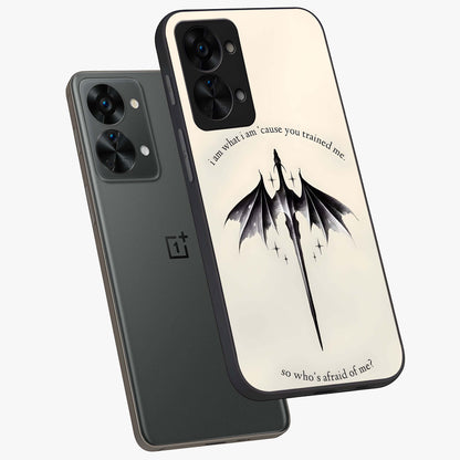 Dragon Quote Art Glass Case for 1+Nord 2T angled mockup showcasing glossy finish and powerful fantasy detailing