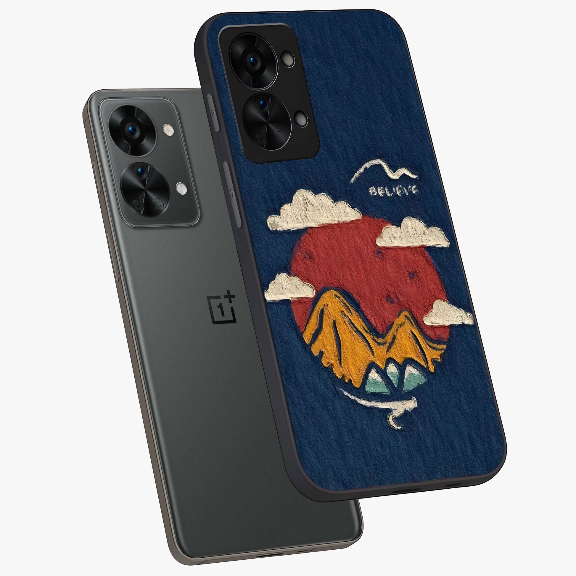 Dream Beyond Mountains Glass Case for 1+Nord 2T angled mockup showcasing glossy finish and calming gradient tones