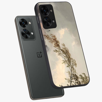 Dreamlike Wind Field Glass Case for 1+Nord 2T angled mockup showcasing glossy glass finish and dreamy landscape detailing