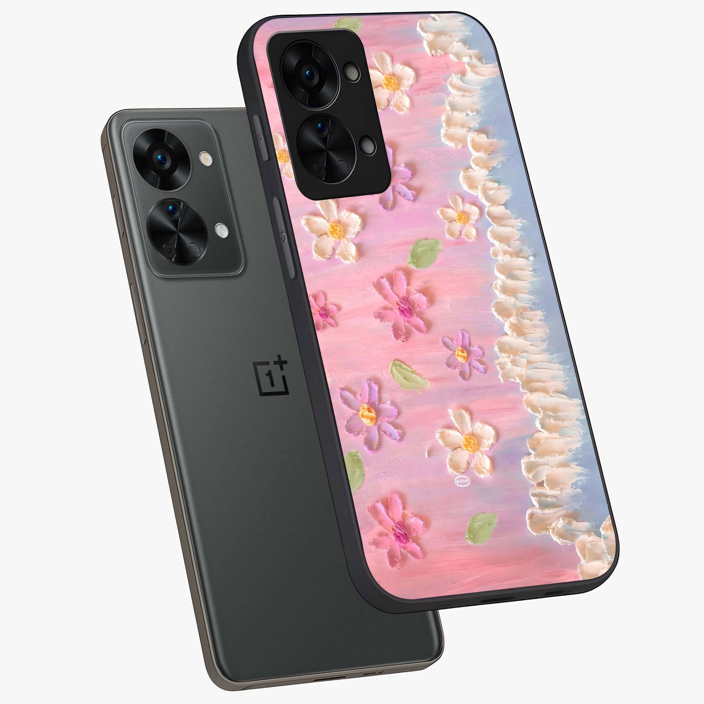 Dreamy Painted Garden Glass Case for 1+Nord 2T angled mockup showcasing glossy finish and vibrant brushstroke textures