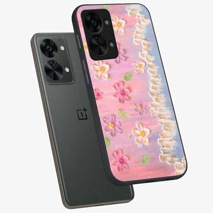 Dreamy Painted Garden Glass Case for 1+Nord 2T angled mockup showcasing glossy finish and vibrant brushstroke textures