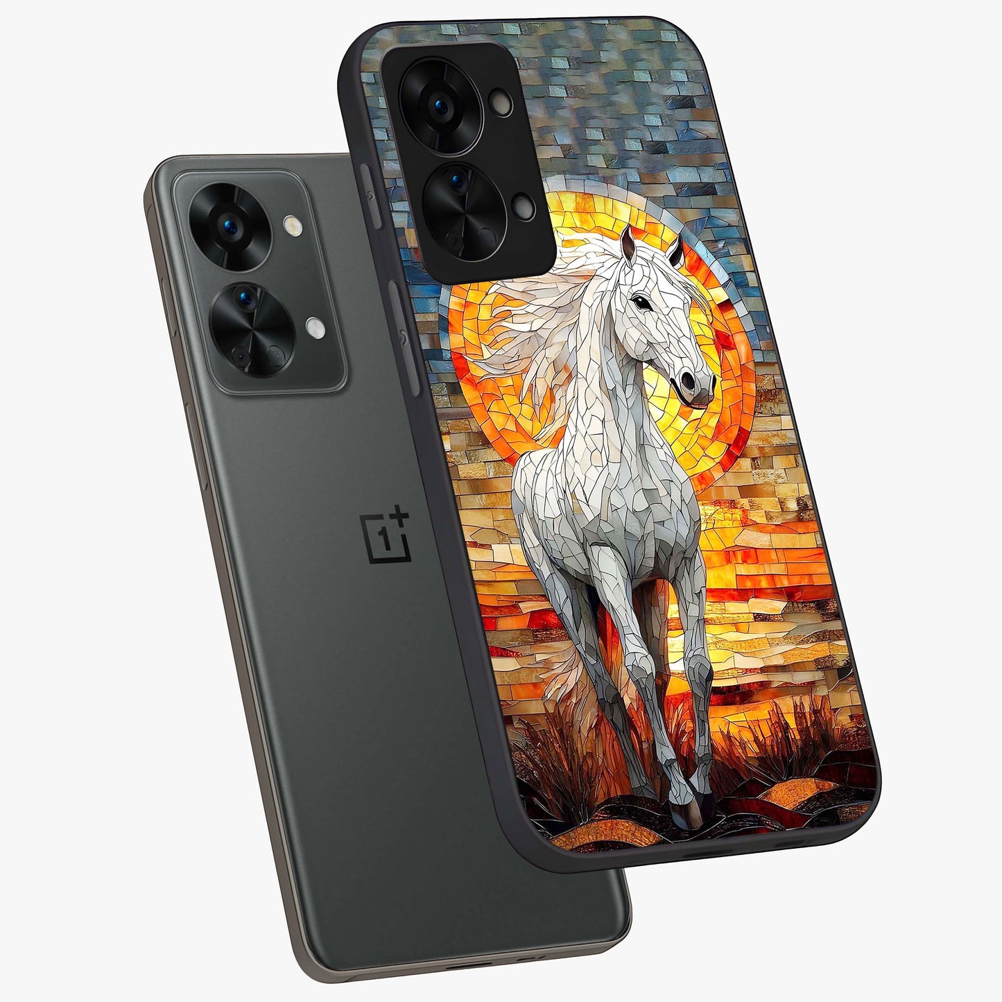Elected Horse Glass Case for 1+Nord 2T angled mockup showcasing glossy finish and dynamic equestrian detailing