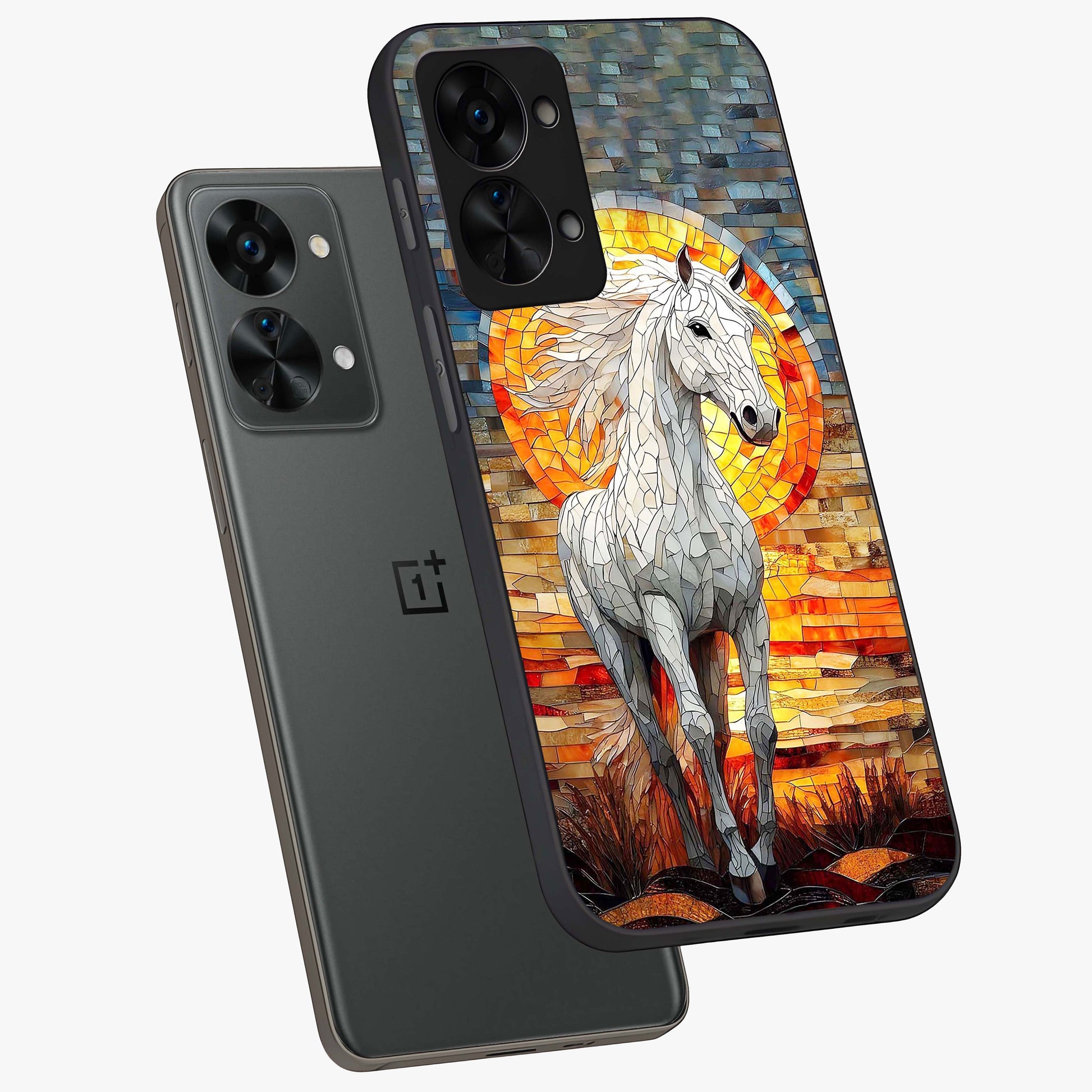 Elected Horse Glass Case for 1+Nord 2T angled mockup showcasing glossy finish and dynamic equestrian detailing