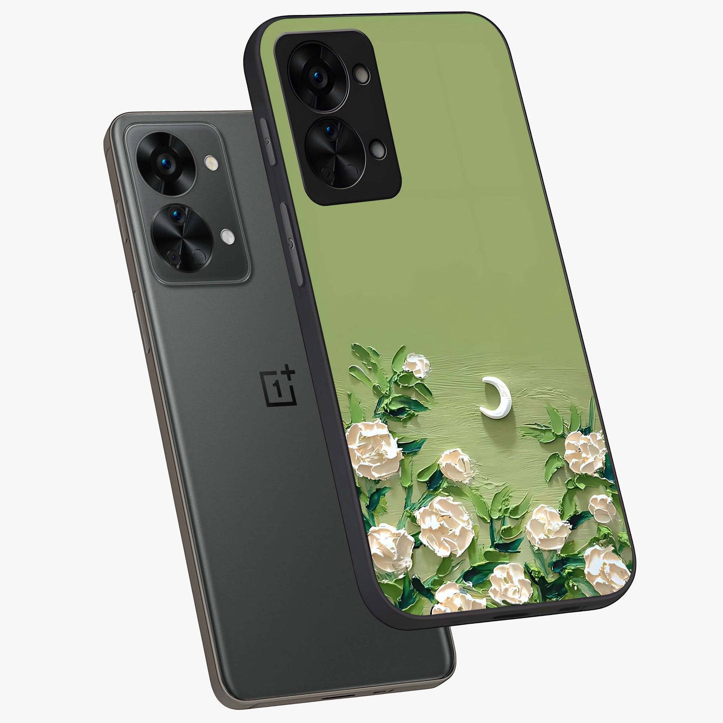 Emerald Bloom Calm Glass Case for 1+Nord 2T angled mockup showcasing glossy finish and rich green tones