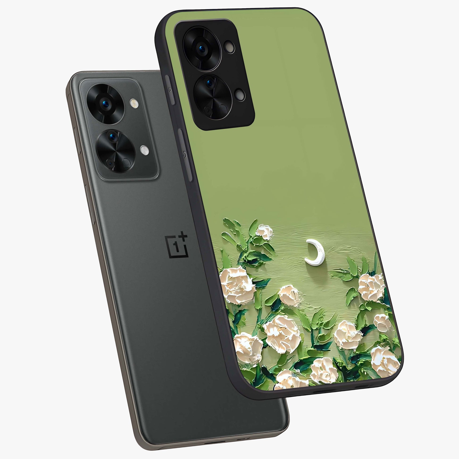Emerald Bloom Calm Glass Case for 1+Nord 2T angled mockup showcasing glossy finish and rich green tones