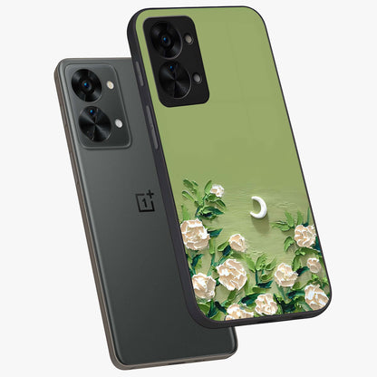 Emerald Bloom Calm Glass Case for 1+Nord 2T angled mockup showcasing glossy finish and rich green tones