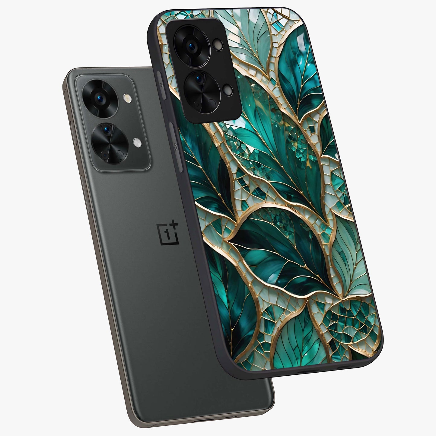 Emerald Leaf Glass Case for 1+Nord 2T angled mockup showcasing glossy finish and natural botanical tones