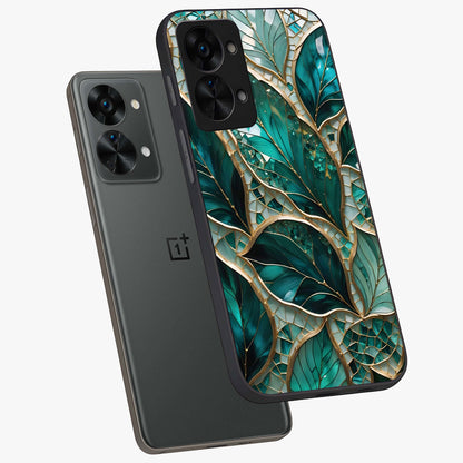 Emerald Leaf Glass Case for 1+Nord 2T angled mockup showcasing glossy finish and natural botanical tones