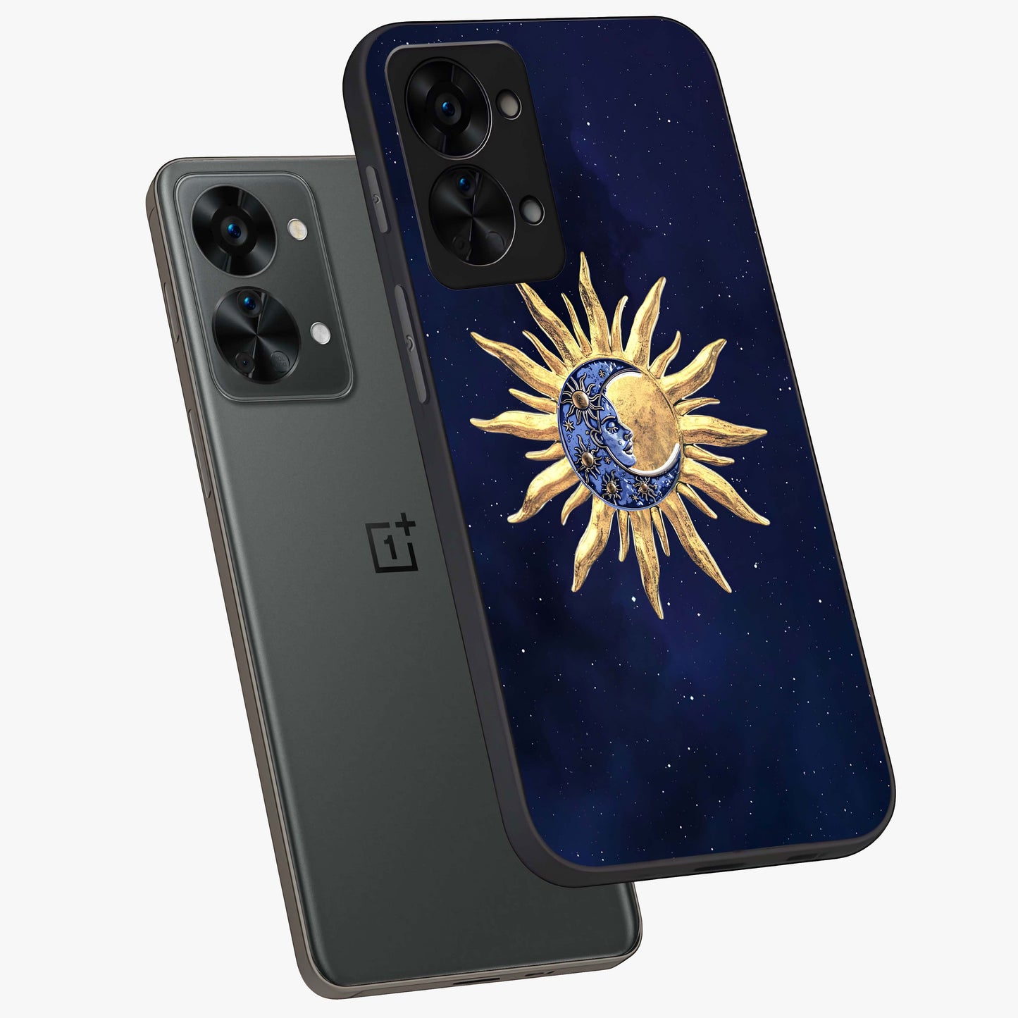 Eternal Cosmic Balance Glass Case for 1+Nord 2T angled mockup showcasing glossy finish and celestial gradient tones