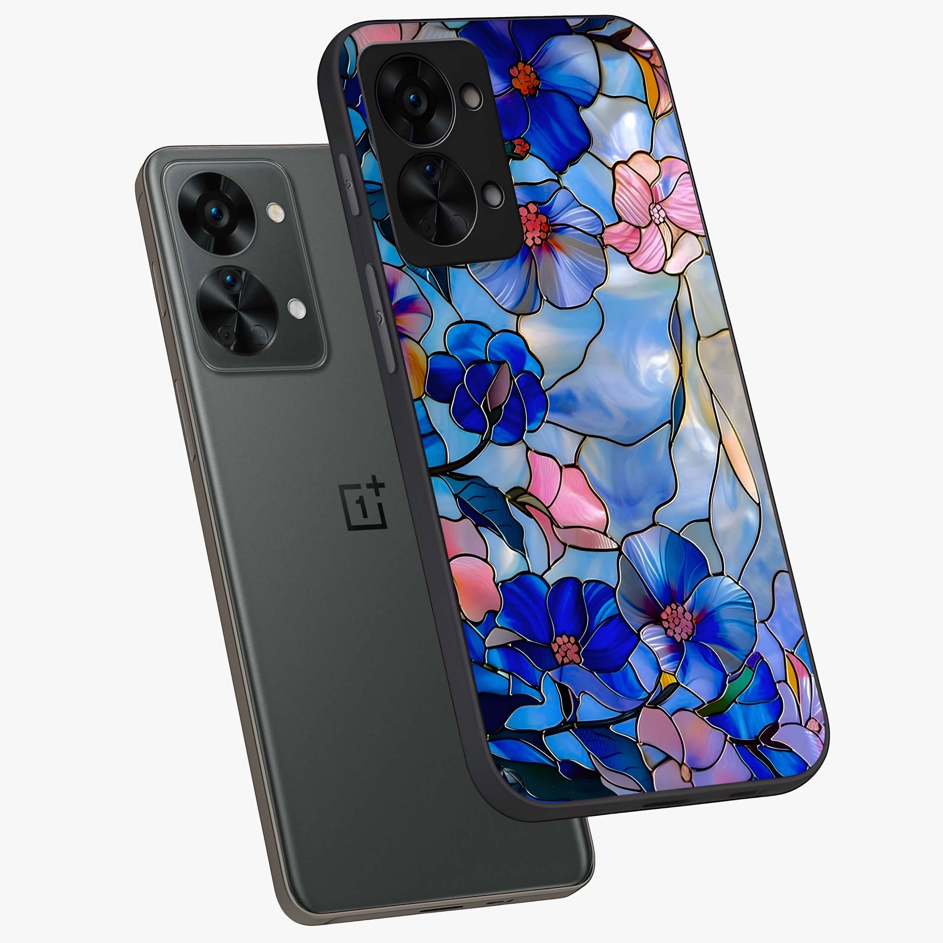 Eternal Floral Stained Glass Case for 1+Nord 2T angled mockup showcasing glossy finish and vibrant mosaic textures