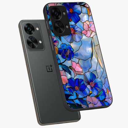 Eternal Floral Stained Glass Case for 1+Nord 2T angled mockup showcasing glossy finish and vibrant mosaic textures