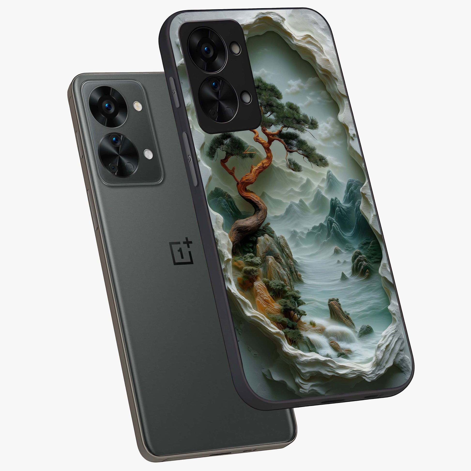 Eternal Nature Spirit Glass Case for 1+Nord 2T angled mockup showcasing glossy finish and calming botanical tones