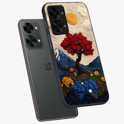 Eternal Nature Tapestry Glass Case for 1+Nord 2T angled mockup showcasing glossy finish and detailed botanical patterns