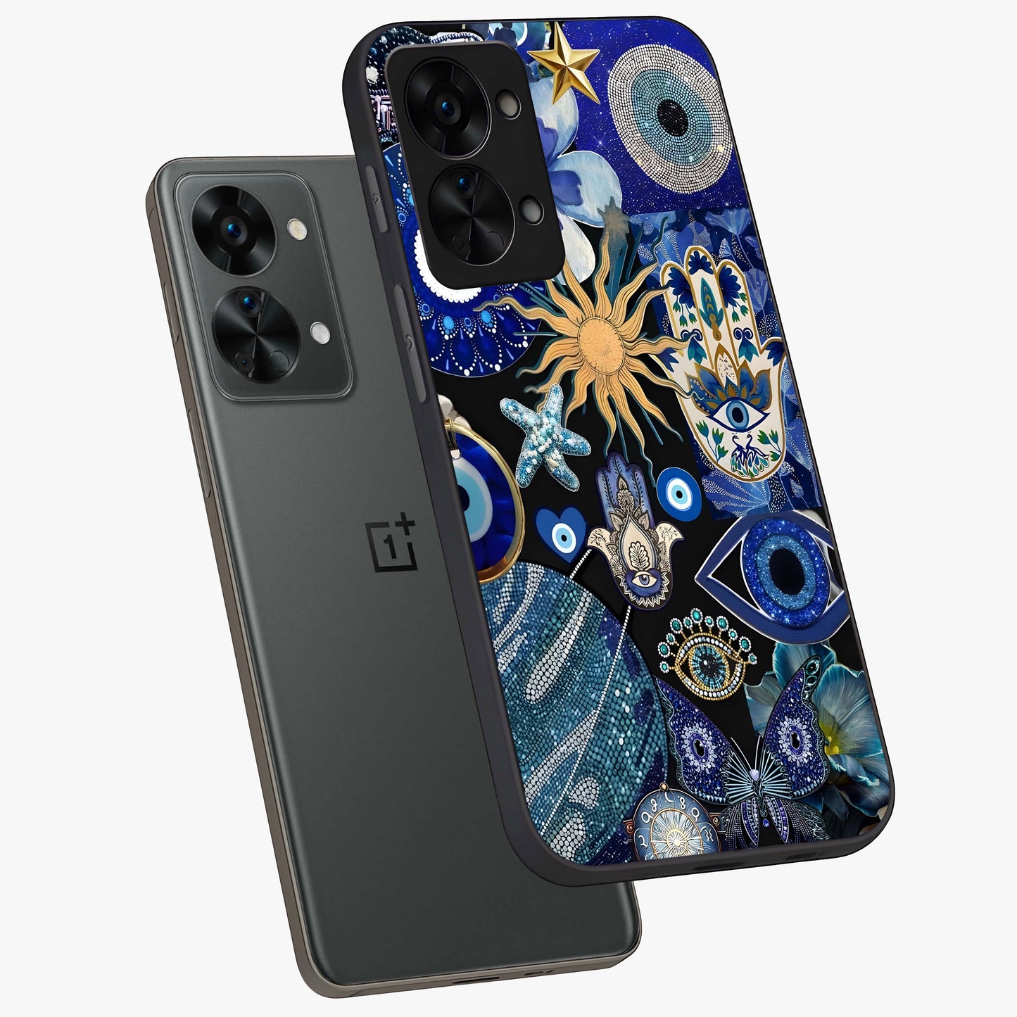 Evil Eye Charm Mix Glass Case for 1+Nord 2T angled mockup showcasing glossy finish and bold blue tones