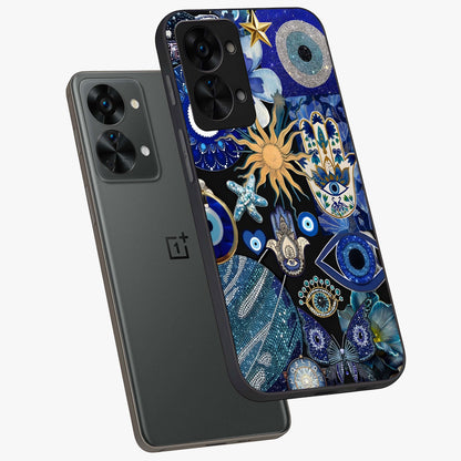 Evil Eye Charm Mix Glass Case for 1+Nord 2T angled mockup showcasing glossy finish and bold blue tones