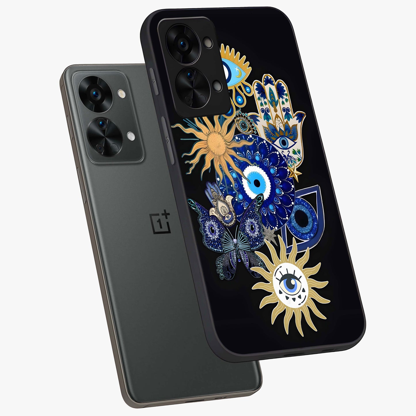 Evil Eye Charm Vibes Glass Case for 1+Nord 2T angled mockup showcasing glossy finish and protective symbol detailing