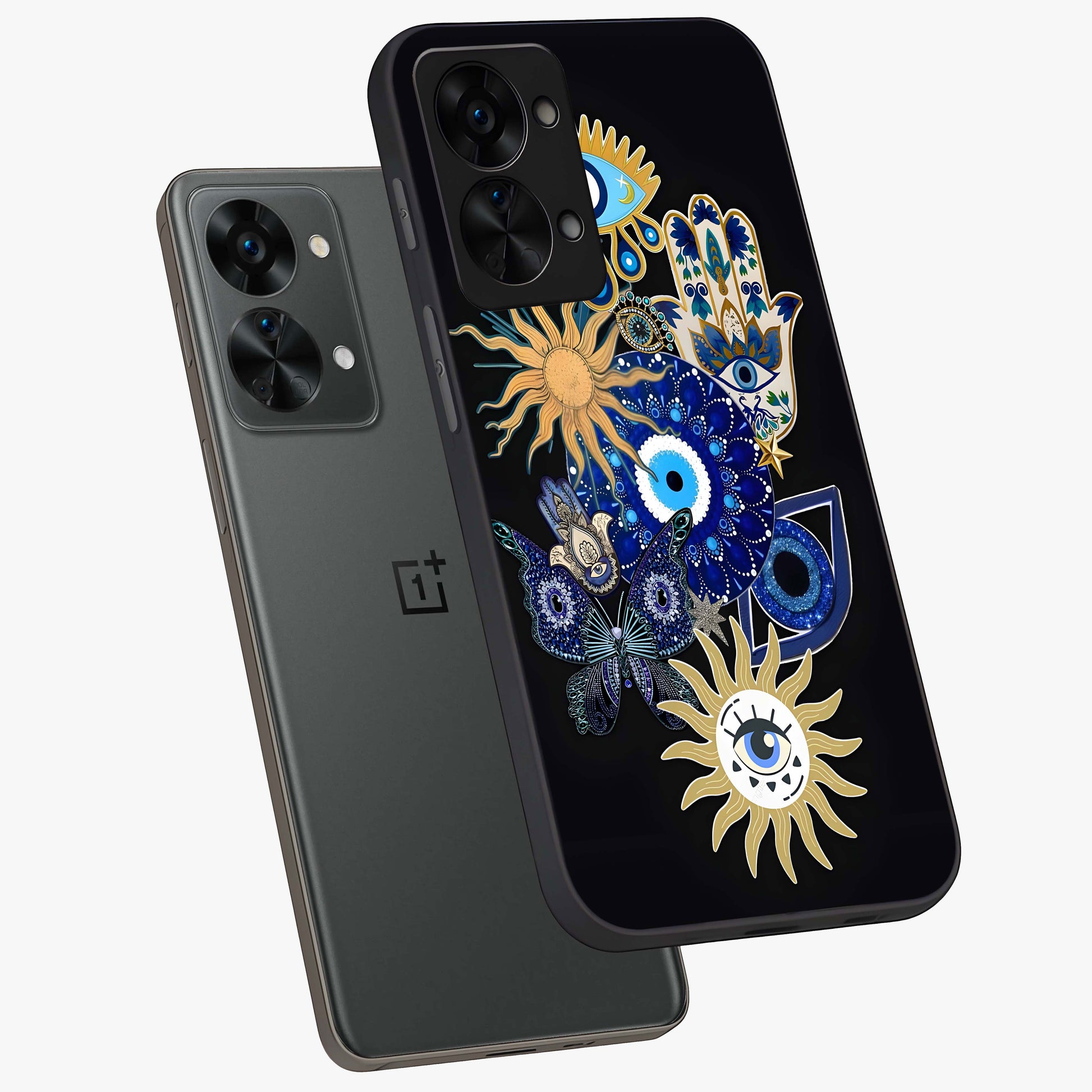 Evil Eye Charm Vibes Glass Case for 1+Nord 2T angled mockup showcasing glossy finish and protective symbol detailing