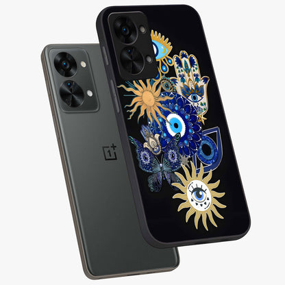 Evil Eye Charm Vibes Glass Case for 1+Nord 2T angled mockup showcasing glossy finish and protective symbol detailing