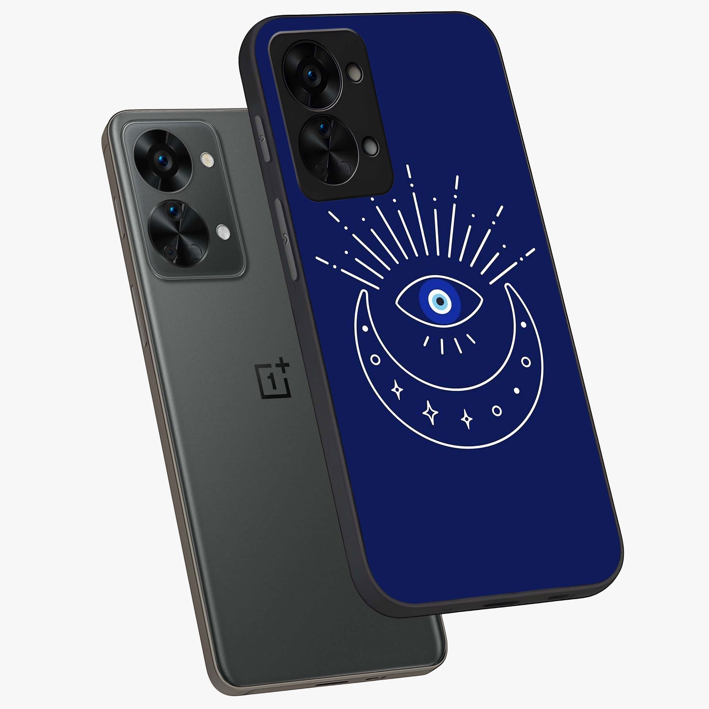 Evil Eye With Blue Themed Collage Glass Case for 1+Nord 2T angled mockup showcasing glossy finish and layered blue textures