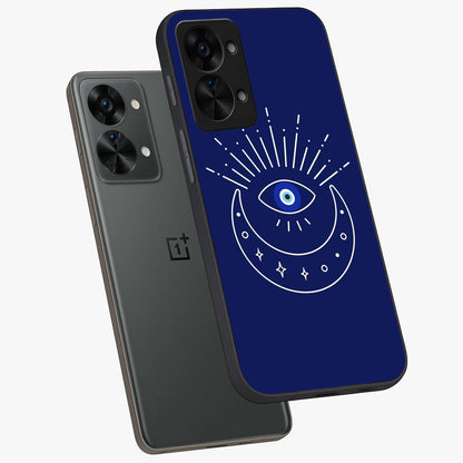 Evil Eye With Blue Themed Collage Glass Case for 1+Nord 2T angled mockup showcasing glossy finish and layered blue textures
