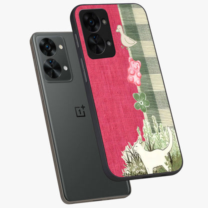 Fabric Patterns Glass Case for 1+Nord 2T angled mockup showcasing glossy finish and intricate fabric detailing