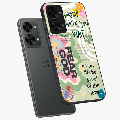 Faith Over Fear Glass Case for 1+Nord 2T angled mockup showcasing glossy finish and clean modern design