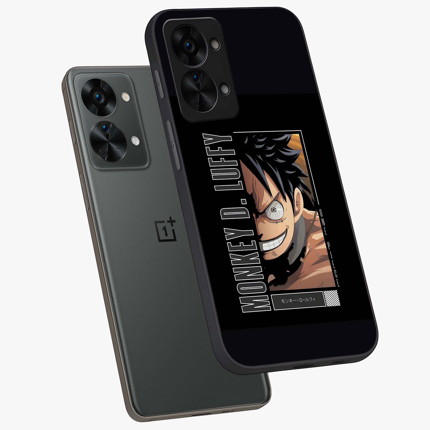 Fearless Pirate Smile Glass Case for 1+Nord 2T angled mockup showcasing glossy finish and dark adventurous tones
