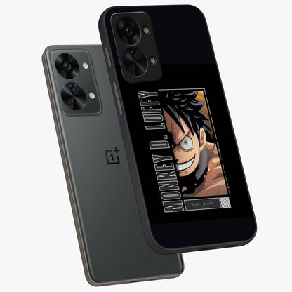 Fearless Pirate Smile Glass Case for 1+Nord 2T angled mockup showcasing glossy finish and dark adventurous tones
