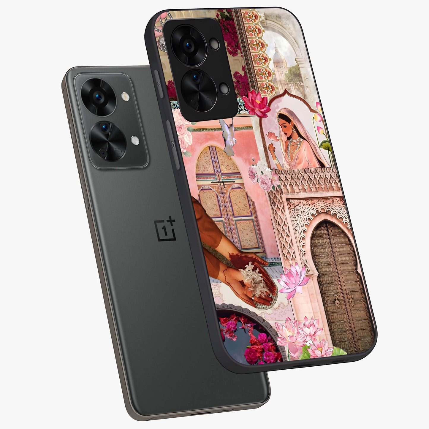 Floral Courtyard Muse Glass Case for 1+Nord 2T angled mockup showcasing glossy finish and delicate bloom detailing