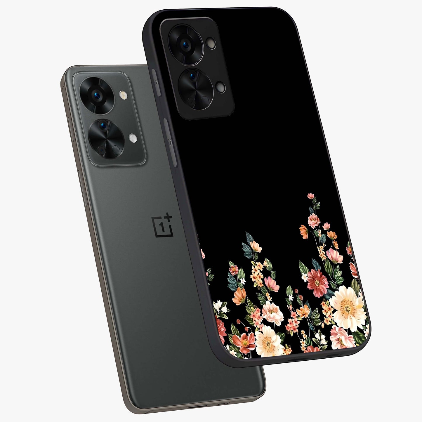 Floral Design With a Custom Personalized Name Glass Case for 1+Nord 2T angled mockup showcasing glossy finish and elegant bloom detailing