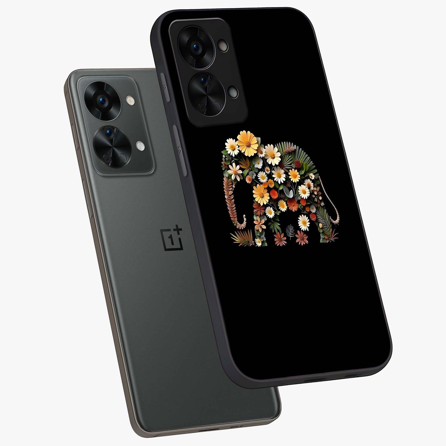 Floral Elephant Glass Case for 1+Nord 2T angled mockup showcasing glossy finish and vibrant cultural tones
