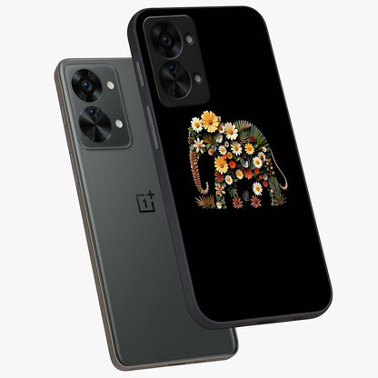 Floral Elephant Glass Case for 1+Nord 2T angled mockup showcasing glossy finish and vibrant cultural tones