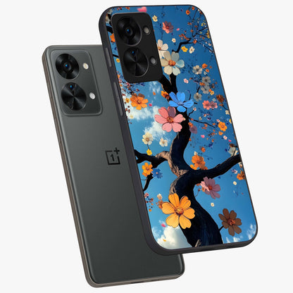 Floral Tree Glass Case for 1+Nord 2T angled mockup showcasing glossy finish and detailed branch textures