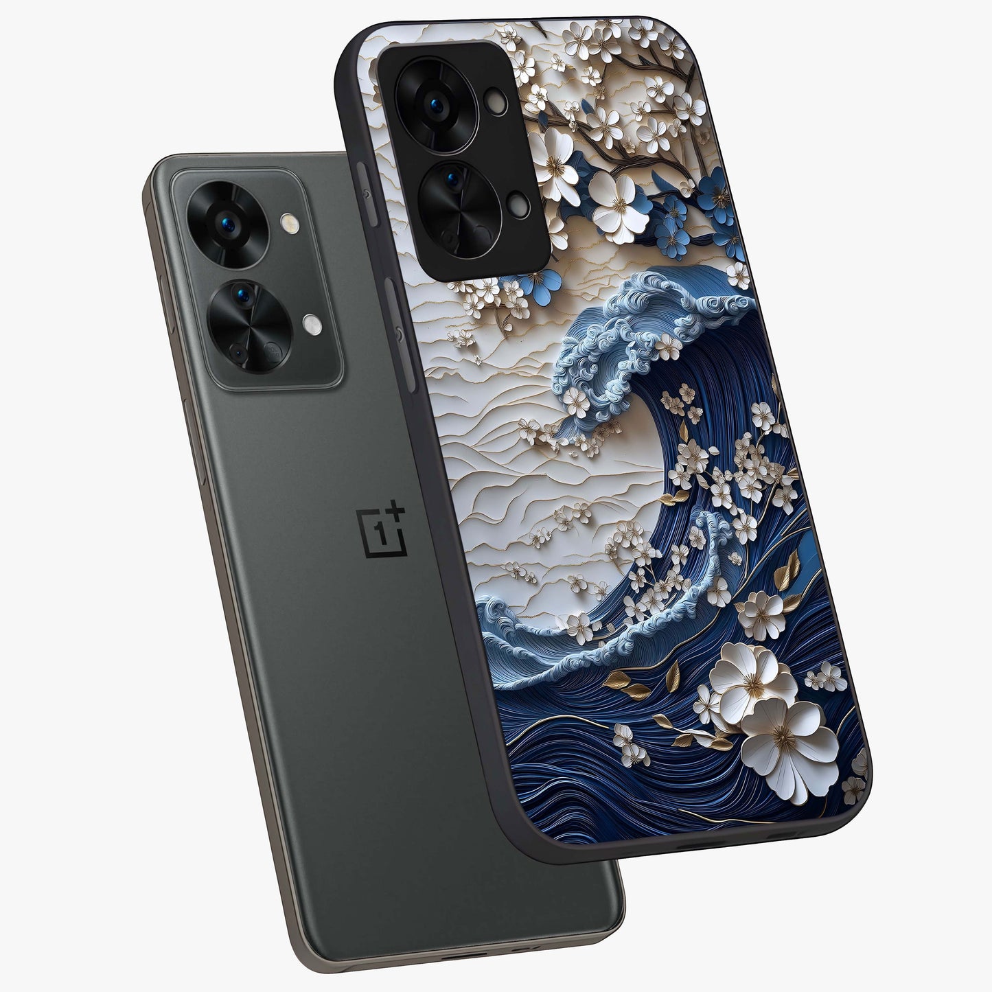 Floral Wave Origami Glass Case for 1+Nord 2T angled mockup showcasing glossy glass finish and geometric bloom detailing