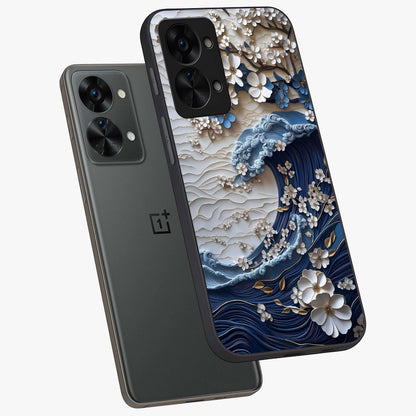 Floral Wave Origami Glass Case for 1+Nord 2T angled mockup showcasing glossy glass finish and geometric bloom detailing