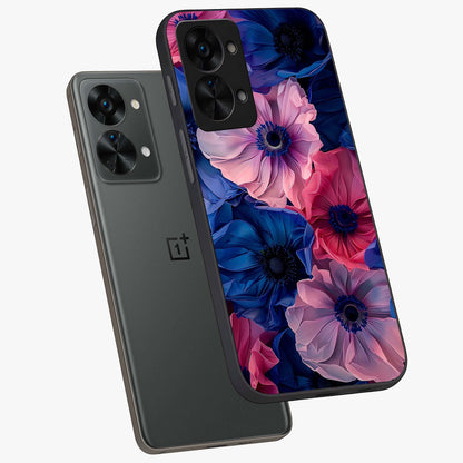 Flower Paper Art Pattern Glass Case for 1+Nord 2T angled mockup showcasing glossy finish and textured paper detailing