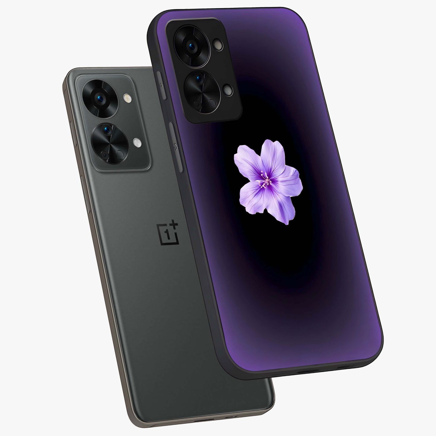Flower on Soft Violet Gradient Glass Case for 1+Nord 2T angled mockup showcasing glossy finish and pastel purple tones