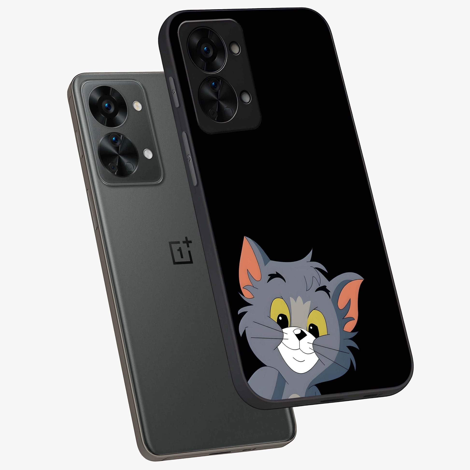 Forever Chasing Love Tom Glass Case for 1+Nord 2T angled mockup showcasing glossy finish and lively cartoon detailing