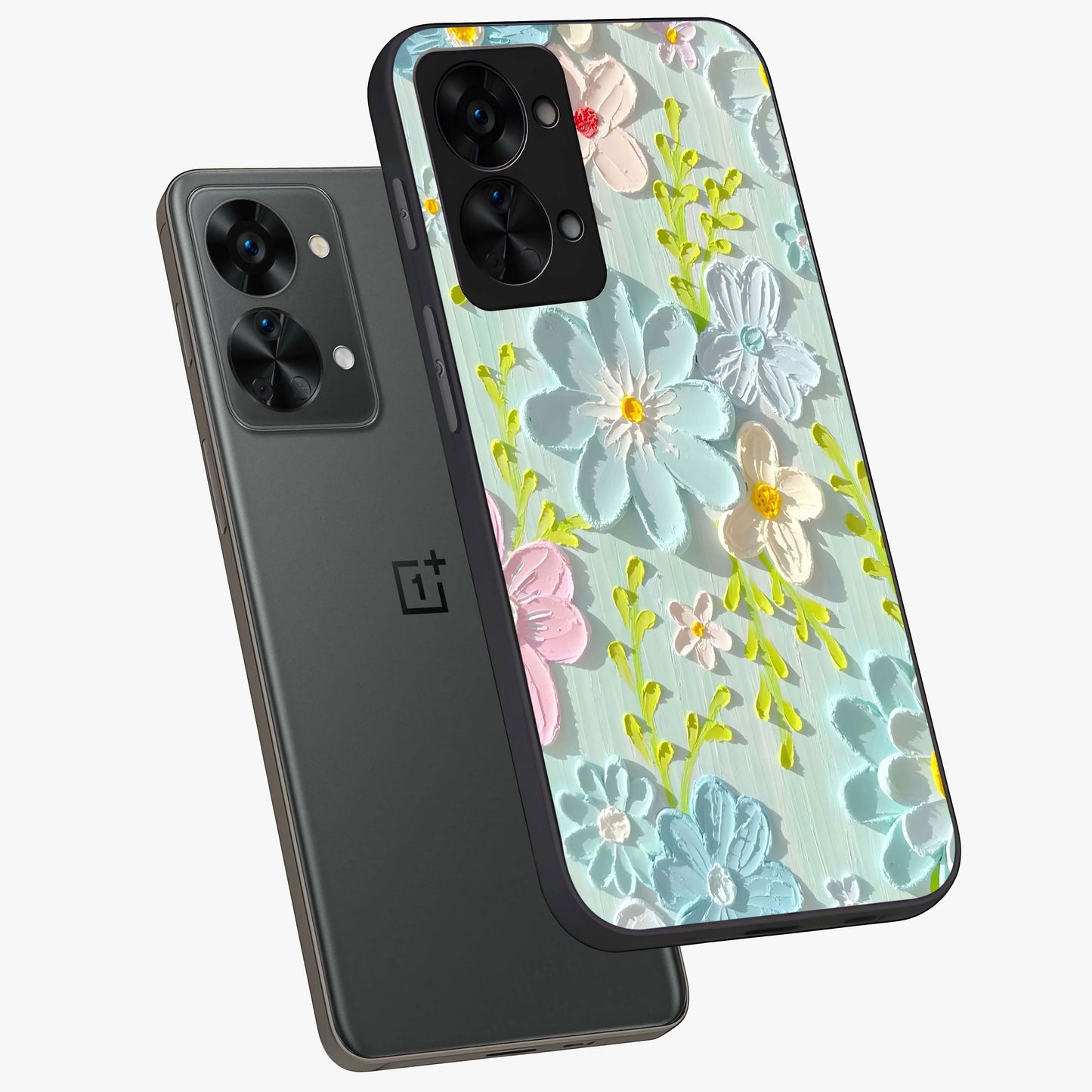 Frosted Petal Garden Glass Case for 1+Nord 2T angled mockup showcasing glossy finish and pastel bloom detailing