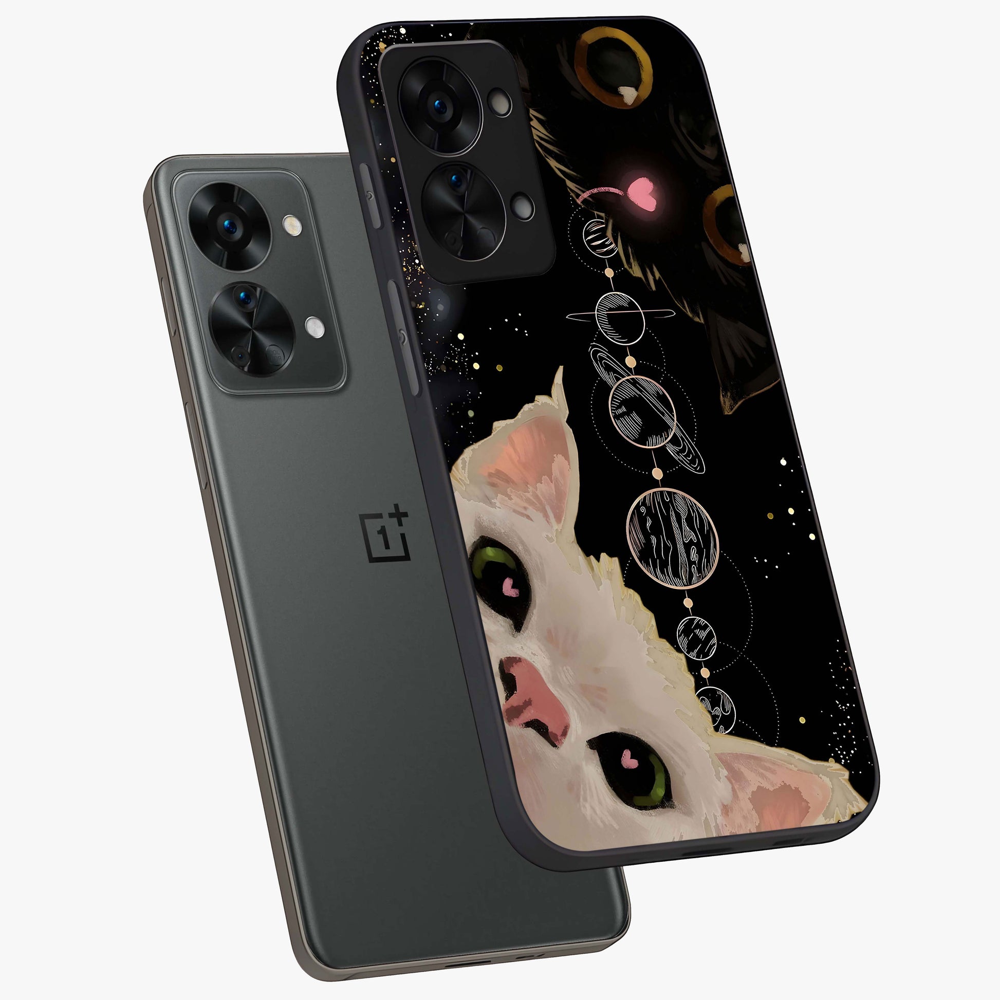 Galactic Cat Glass Case for 1+Nord 2T angled mockup showcasing glossy finish and luminous space detailing