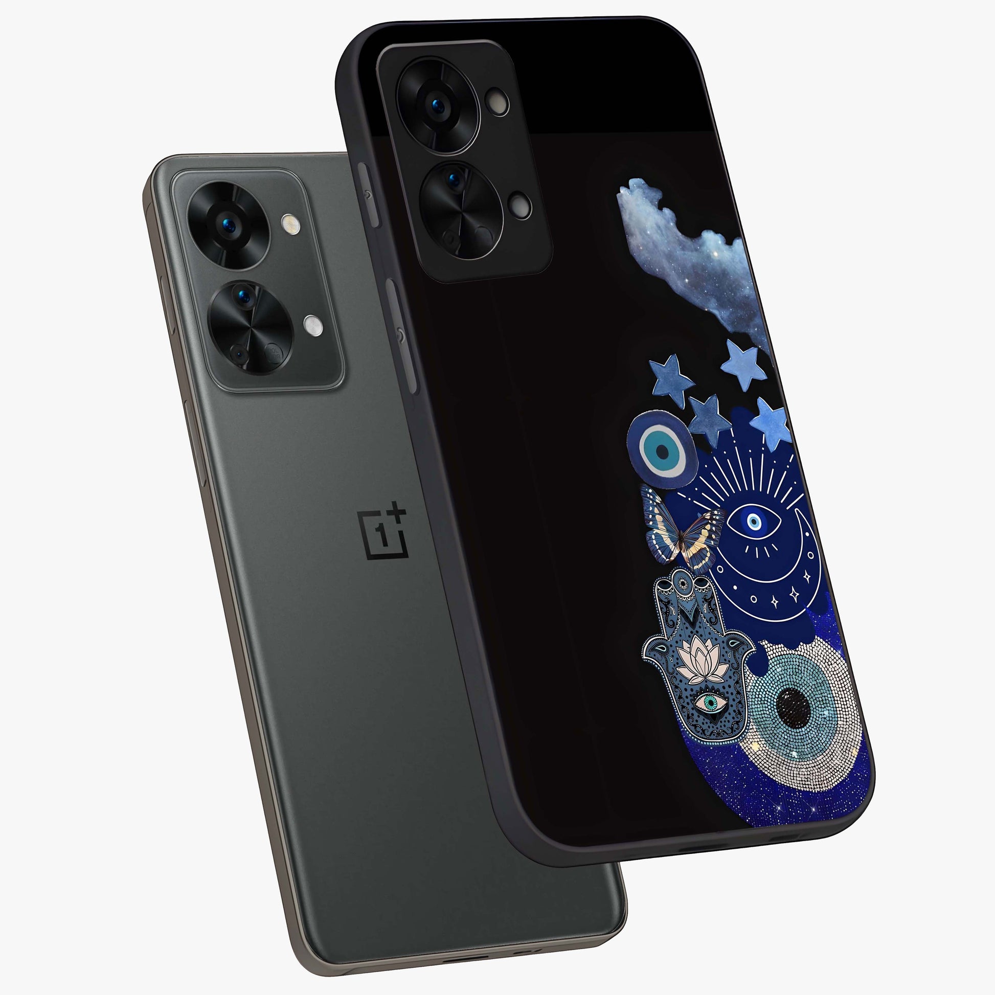 Galactic Charm Cluster Glass Case for 1+Nord 2T angled mockup showcasing glossy finish and vibrant star detailing